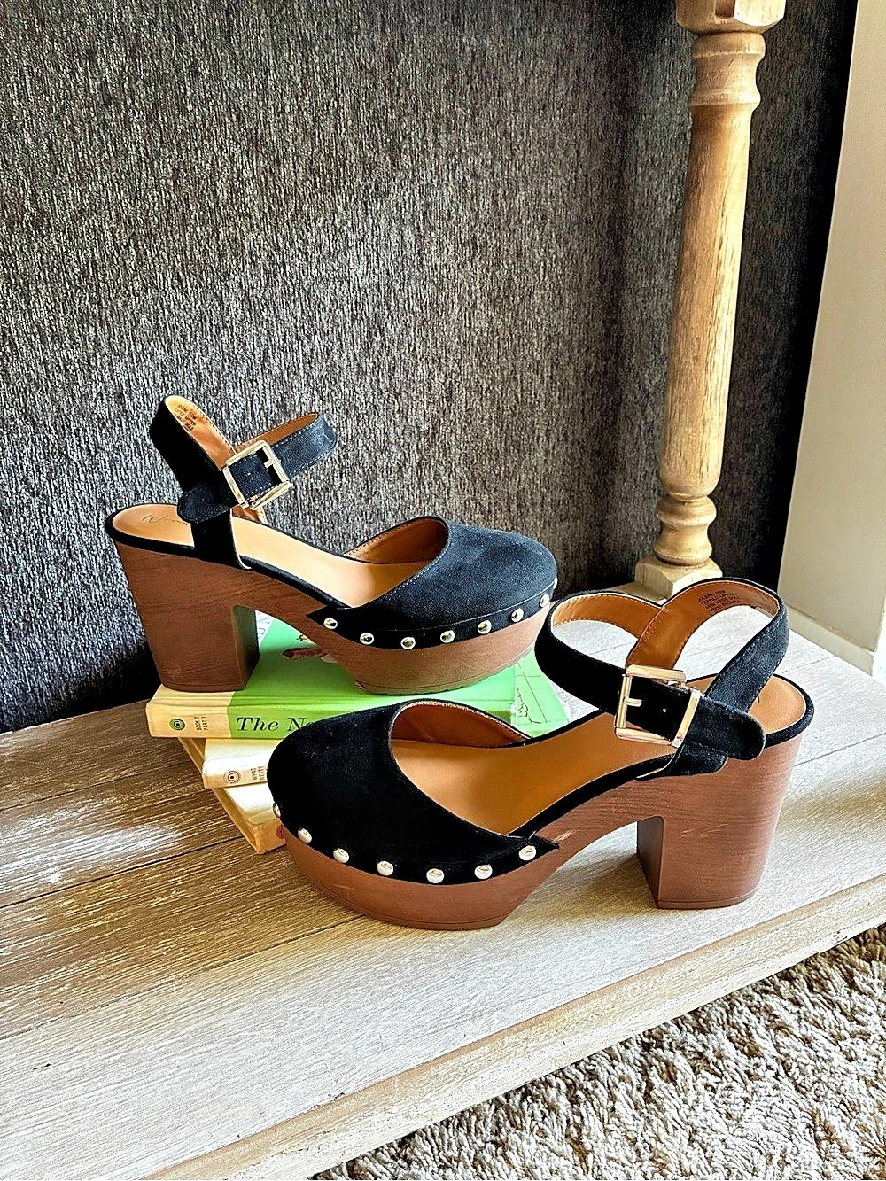 Wonderly Jolene Black Studded Platform Heels With Adjustable Ankle Strap